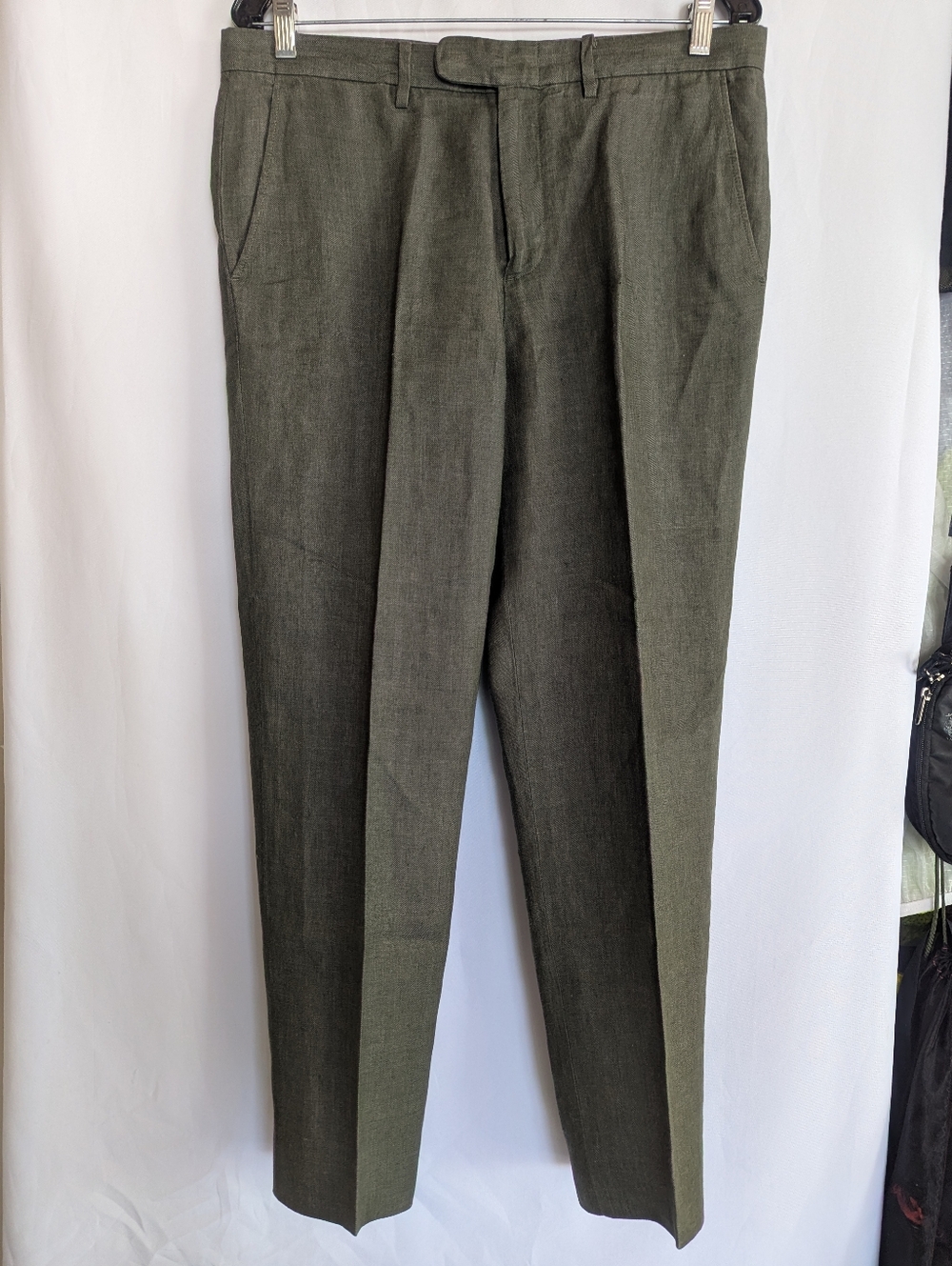 Men's J. Crew Bowery W34/L29 Slim Pants Irish Linen Olive Green - Picture 6 of 11